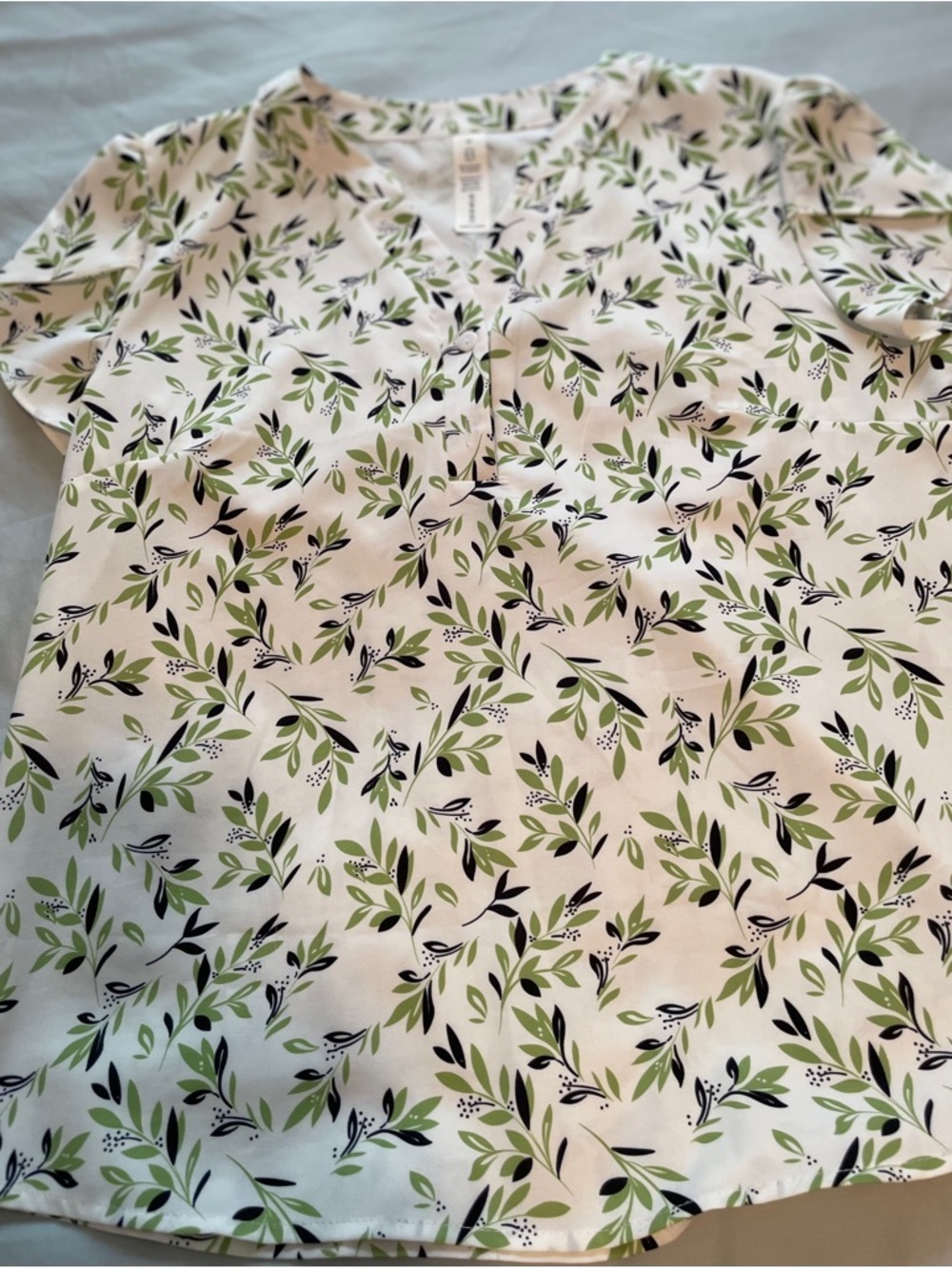 Women’s Cream Short-Sleeve Blouse with Green Leaf Print